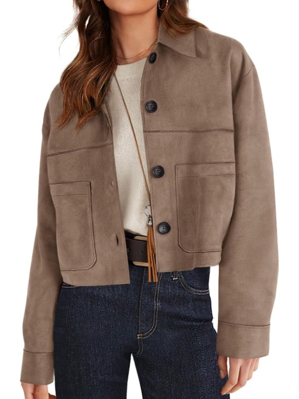 Womens Grey Khaki Suede Long Sleeve Button Down Streetwear Casual Cropped Jacket